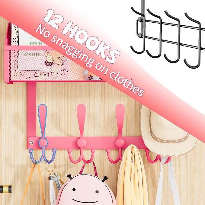 Kaiferty Over The Door Hooks Organizer, Coat Rack Over The Door Storage Hanger Towel Rack, Back of Door Storage Organizer for Bathroom,Bedroom,Kitchen,Office (Pink, 3-Tier)