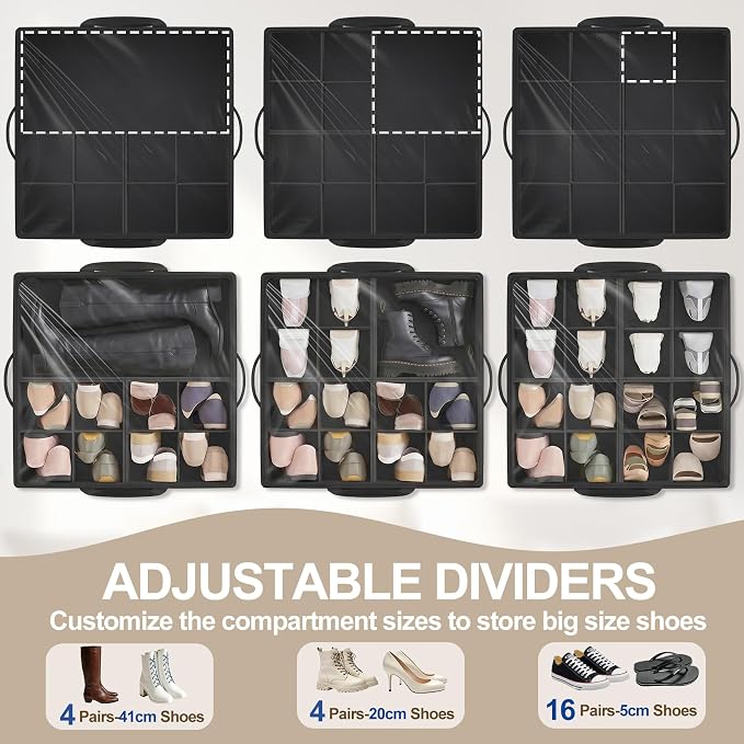 2 Pack Large Shoe Organizer for Closet, 32 Pairs Shoe Storage Box with 360° Wheels & Reinforced Handles, Adjustable Dividers, Clear Cover, Side Pocket, Foldable Oxford Fabric Bin for Entryway, Black
