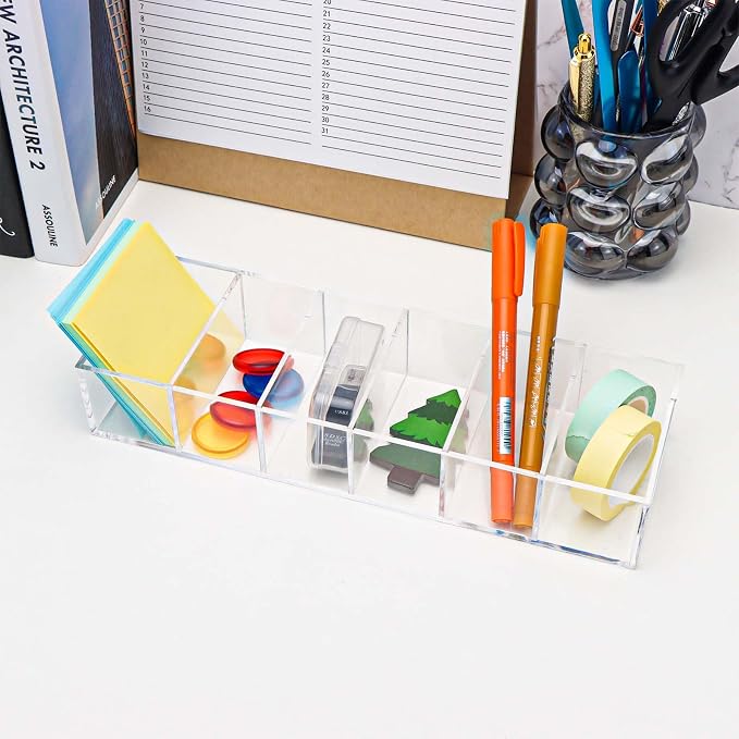 MEI YI TIAN Clear PS Stationery Organizer Small Pen Holder Detachable Storage Boxes 6 Compartments Case Compact Makeup Organizer for Desk Drawer
