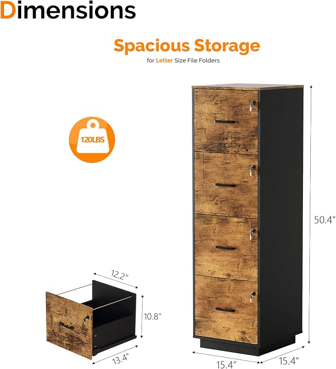 VINGLI 4 Drawer File Cabinet with Lock, Home Office Filing Organizer, for Letter Size File Folder Storage, Wood Tall Vertical Filing Cabinet, Printer Stand, Archivador (Rustic Brown)