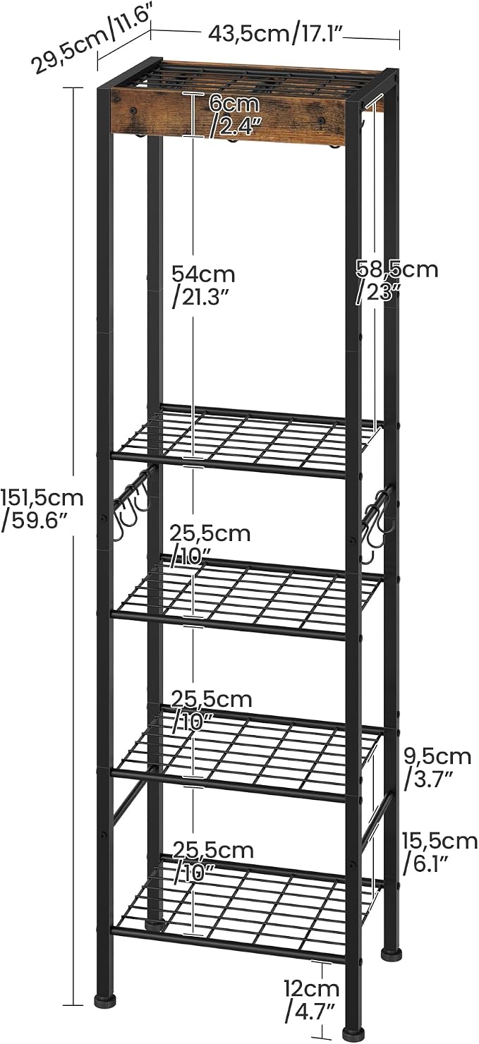 CHOEZON 5-Tier Pot Rack, Floorstanding Pots and Pans Organizer, Kitchen Bakers Rack, Kitchen Island Table, Pots and Pans Organizer, Storage Stand, for Living Room, Rustic Brown and Black TPR16BF