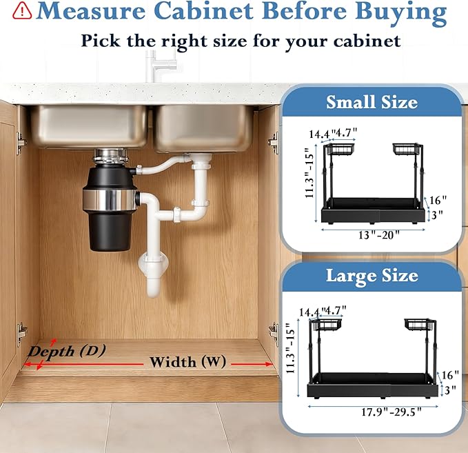 Aisslro Under Sink Organizer, 2 Tier Under the Sink Storage, Expandable Adjustable Slide Out Pull Out Under Cabinet Organizers Shelf, for Kitchen Bathroom Pantry Closet Organization, Black
