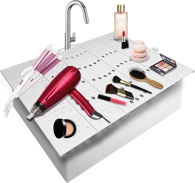 Mofason Bathroom Sink Top Cover Space Saver,Silicone Makeup Organizer Mat for Over Countertop,Small Bathroom Must Haves Accessories Rv Camper Travel Foldable Gadgets-White