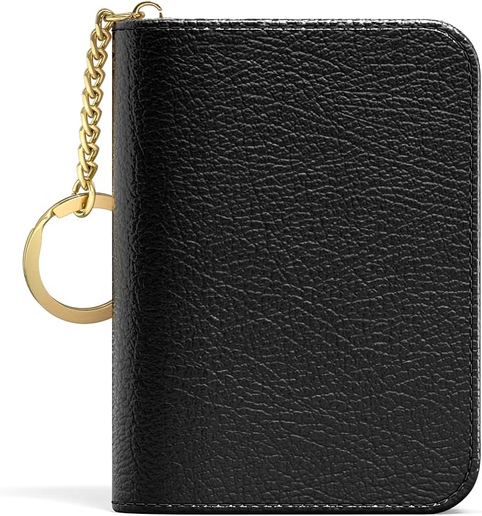 Aiawoxc Credit Card Holder for Women, Small RFID Wallet Slim Leather Business Card Organizer Case with Zipper and Keychain, Black