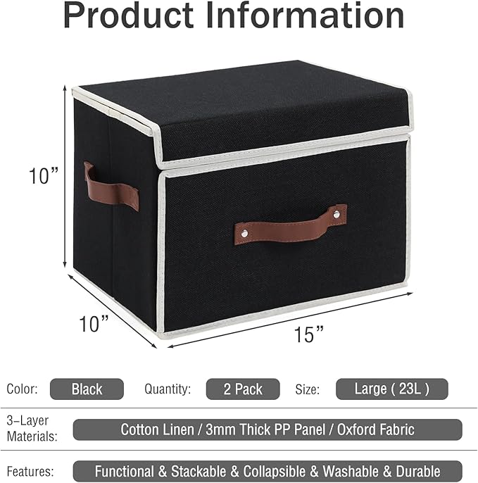 2PCS Storage Bins Box with Lids Front Opening Window Decorative Cotton Linen Fabric Basket PU Leather Handles PP Board Foldable Washable Shelf Closet Organizer Container (Black, Large)