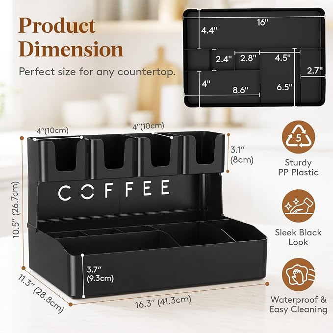 Lifewit 2-tier Coffee Station Organizer Caddy for Countertop, 11 Compartments Coffee Bar Organizers for Cups, Pods, Sugar, Compact Condiment Holders Storage for Office Breakroom Kitchen Home Black