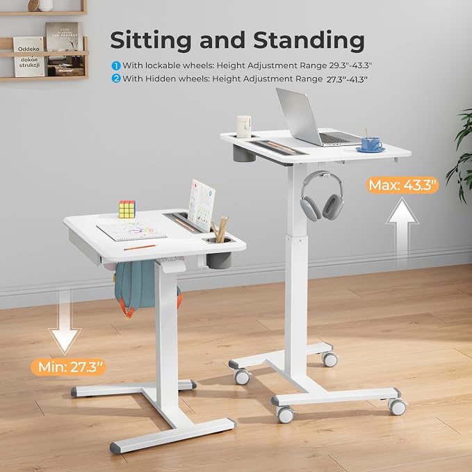 28" Mobile Standing Desk with Drawer, Portable Laptop Desk | Rolling Desk with Cup Holder & Hooks, Height Adjustable Computer Cart on Wheels for Classroom, Study Desk with Storage, White
