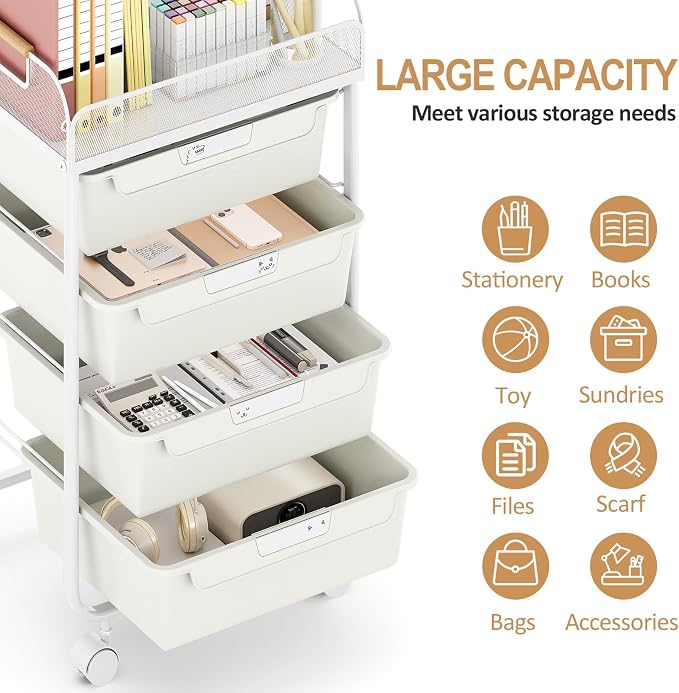 SYKIARIOL 4-Drawer Rolling Storage Cart with Mesh Top, Utility Craft Organizer Cart on Wheels with DIY Labels, Rolling Drawer Cart for Home Office Classroom Bedroom, White