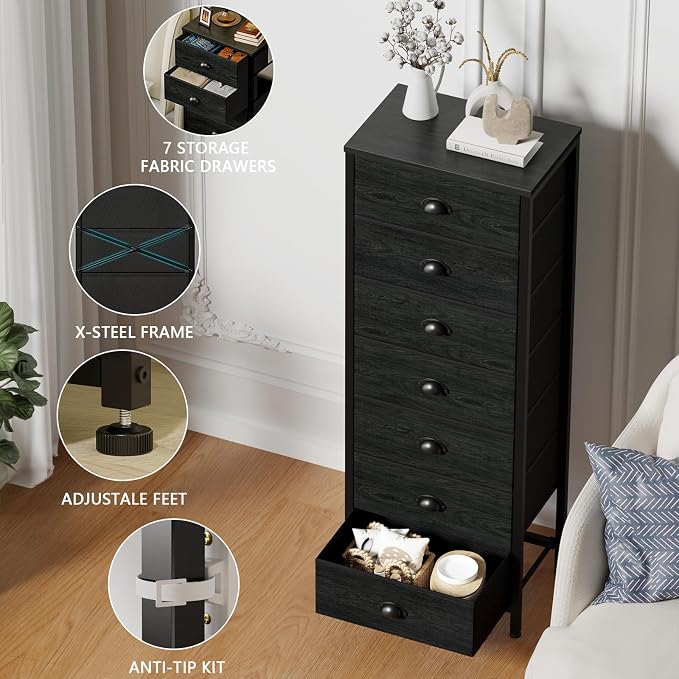 Furnulem Black Bedroom Dresser, Tall Chests of Drawers with 7 Fabric Bins | Sturdy Steel Frame, Wooden Top, Organizer in Closet, Tall Nightstand for Dorm, Living Room, Hallyway-Storage Tower Unit