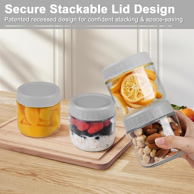Overnight Oats Containers with Lids, 10oz Wide Mouth Mason Jars with Lids, 9 Pack Glass Jars with Airtight lid for Chia Pudding Yogurt Salad, Meal Prer Oatmeal Jars, Gray