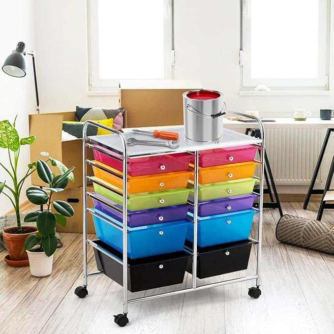 Moccha 12-Drawer Rolling Storage Cart - Under Desk Storage Drawers with wheels for Craft Art Supply Paper Salon, Scrapbook Paper Tools, Mobile Utility Cart for Classroom, Colorful