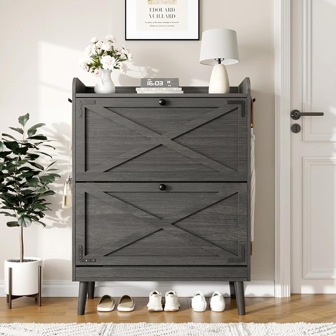 Shoe Storage Cabinet with 2 Flip Drawers & Adjustable Shelves, Freestanding Shoe Cabinet with Side Hooks Narrow Shoe Rack Cabinet for Entryway, Hallway, Rustic Grey