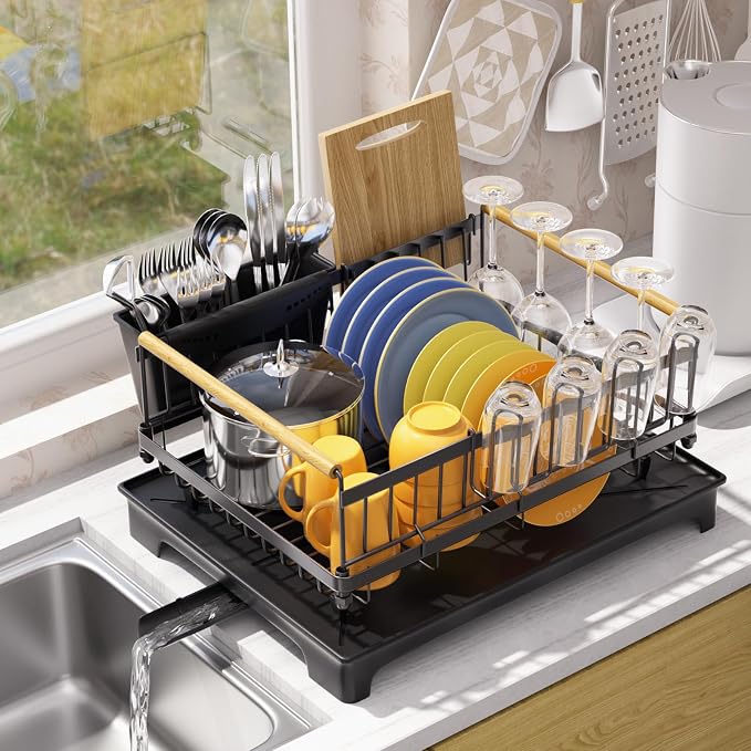 Dish Rack for Kitchen Rustproof Steel Dish Drying Rack for Kitchen Counter Anti-Rust Dish Strainer with Drainboard, Cup Holder, Utensil & Cutting Board Organizer, Heavy Duty Metal | Holds 12 Dishes, Drainboard Set, Cutlery Holder, Rust Resistant, Space...