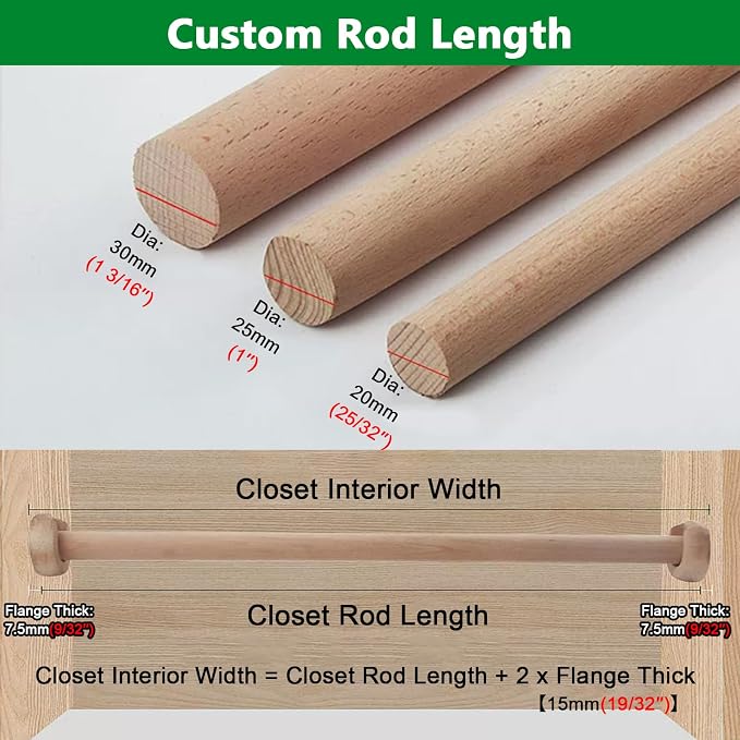 Solid Wood Closet Rod Heavy Duty Wooden Hanging Clothes Bar Cut To Size Custom Length Smooth Straight Wood Dowel Rods Long Wooden Stick Curtain Rod Wood Pole (Dia 1′′,L24in)