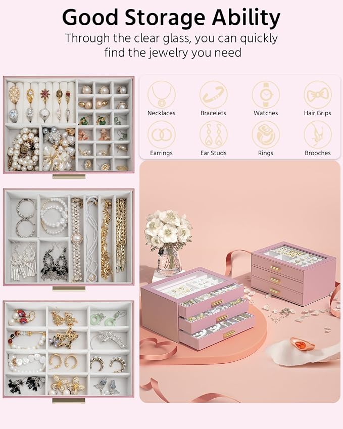 AKOZLIN Jewelry Box with Clear Lid Functional Leather Jewelry Storage Organizer Case 3 Drawers for Women Girls Necklace Ring Bracelet Earring