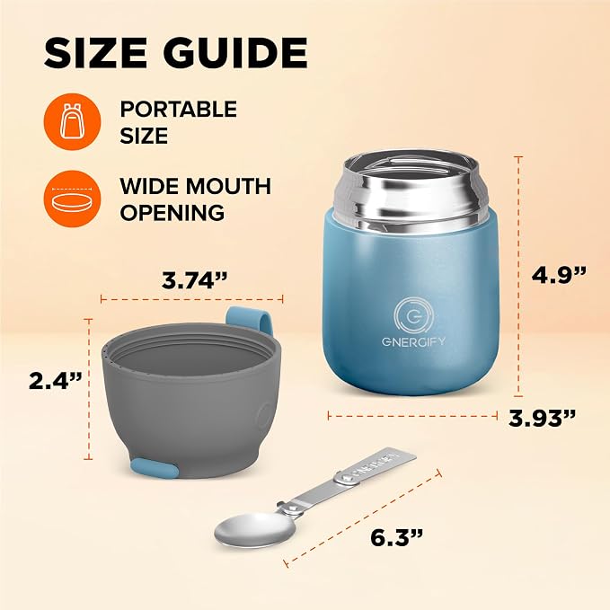 Vacuum Insulated Food Jar. Large 17oz Bowl incl. Folding Spoon, Cup. Wide Mouth Keep Hot & Cold Drinks Soup Lunch Container for Adults. BPA-Free Stainless Steel, Leak Proof Shiny Blue
