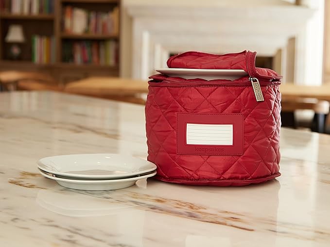 Covermates Keepsakes Dish Storage Case – Padded China & Dinnerware Organizer, Quilted Polyester Protection, ID Window, Zipper Closure, Machine Washable, Red