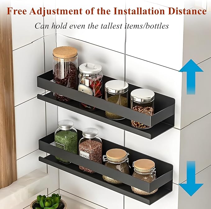 Floating Shelves Wall Mounted, Rustproof Stainless Steel Bathroom Shelf, Black Nail-Free Kitchen Spice Rack, Adhesive Storage Organizer for Shower & Home Decor