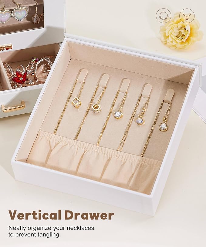 Homde Display Jewelry Box for Girls: Starter Organizer with Clear Window | Vertical Drawers for Earrings Rings Necklaces - Compact Footprint Fits Small Vanities - Birthday&Graduation Gift for Teens