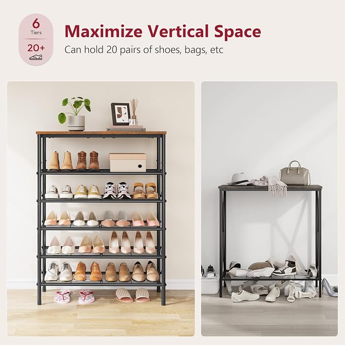 Tajsoon 6 Tier Shoe Rack Organizer for 20-24 Pairs of Shoes, Metal Mesh Shoe Shelf for Closet, Industrial Shoe Rack for Entryway Shoe Storage with X Shape Fixed Frame, Rustic Brown & Black
