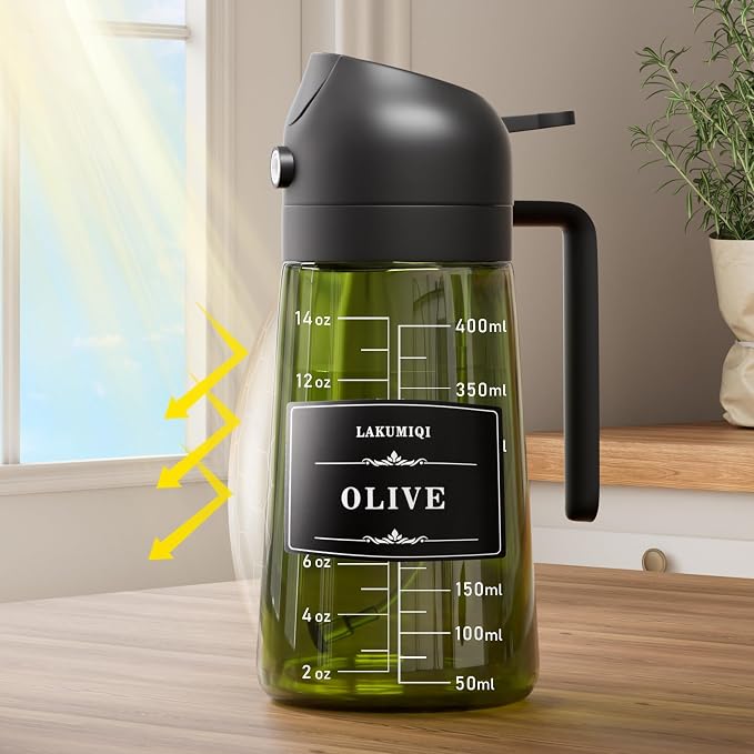 Oliver Oil Sprayer & Dispenser for Cooking Bottle 16oz Dark Glass Fine Mist | 2-in-1 Lightproof Borosilicate Glass Oil Bottle, Wide Mouth for Easy Refill Clean