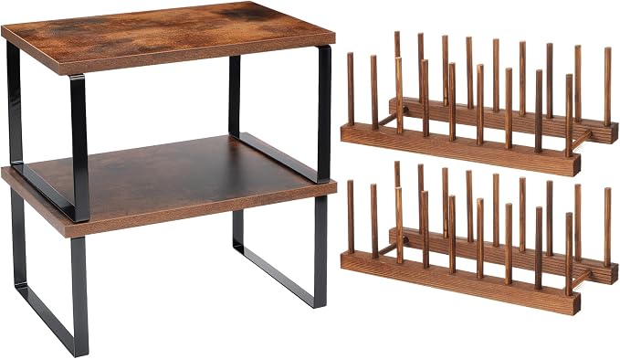 Marsui 4 Pcs Kitchen Organizer Accessories Set for Cabinet,Deep Color | Cabinet Organizer Shelves, Bamboo Dish Drying Plate Rack, Wooden Counter Storage Holder, for Spice Dish Pot Lid Bowl Cup