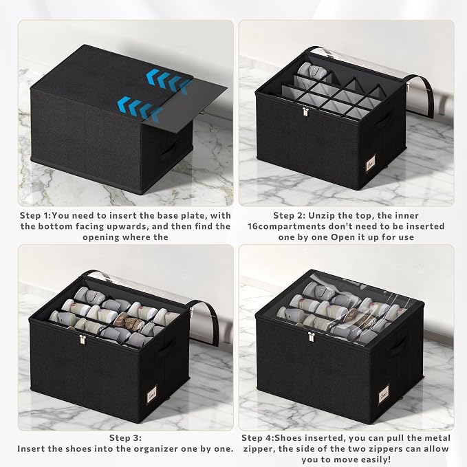 Shoe Organizer for Closet, 2 Pack Foldable Shoe Storage Box with Clear Cover and Adjustable Dividers, Stackable Storage Bins for Boots, Fits up to 32 Pairs (Black, 19.7 × 15.7 × 12.6 in)
