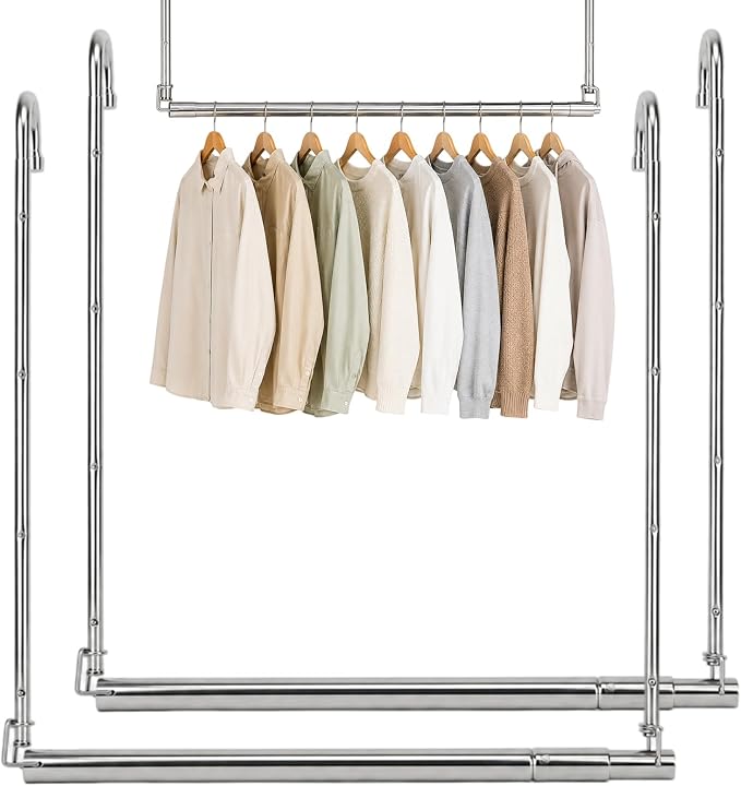 2 Pack Hanging Closet Rod Stainless Steel, Adjustable Width & Height 16–27.5 in Closet Rod Extender with 360° Rotating Hooks, Space-Saving Closet Hanging Organizer for Clothes, Pants, Skirts, Towels