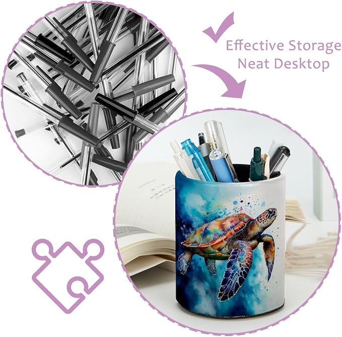 Watercolor Turtle Pen Holder Pencil Organizer for Desk, 3.1” x 3.1” x 3.9” Pencil Cup Office Supplies, Large Capacity Cute Pen and Makeup Brush Holder for Home, School, Desktop