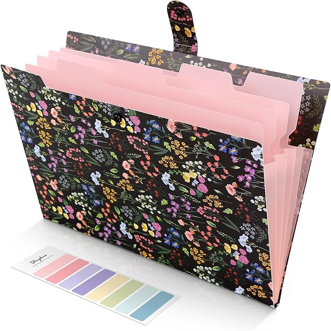 SKYDUE Accordion File Organizer, Floral Expanding File Folders with 5 Pockets, Cute Document Organizer for Paper Bills Receipt Storage, School Office & Hospital Supplies Letter/A4 Size Black