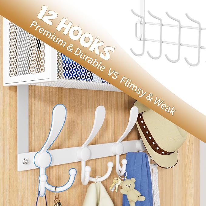Kaiferty Over The Door Hooks Organizer, Coat Rack Over The Door Storage Hanger Towel Rack, Back of Door Storage Organizer for Bathroom,Bedroom,Kitchen,Office (White, 3-Tier)