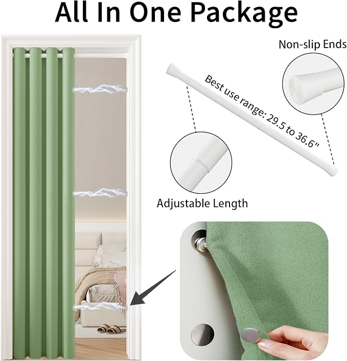Vatge Magnetic Doorway Curtain for Privacy, Closet Curtain with Rod, Room Dividers for Closet Door and Sliding Door, 1 Panel, W42 x L80, Sage Green