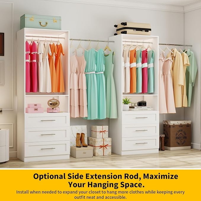 Closet System of 2 Sets with 6 Drawers, 4FT-10FT Modular Closet Organizer Systems Shelving, Wood Closet Systems for Walk in Closets with 4 Hanging Rods & 2 Shelves, Custom Closet System Kits, White