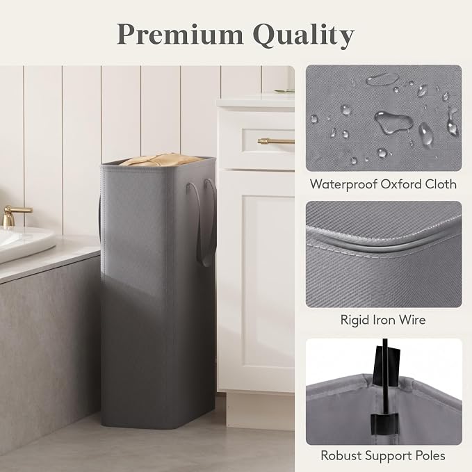 Lifewit Slim Laundry Hamper, Narrow Small Laundry Basket with Handle for Dirty Clothes, Collapsible Tall Thin Laundry Bin for Bathroom Bedroom Dorm College, 65L, Grey