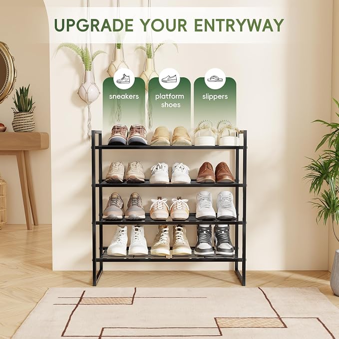 4 Tier Shoe Rack for Closet, 27 Inch Long Square Shoe Storage Organizer for Shelves, Heavy Duty Metal, Easy Assembly Stackable, Black