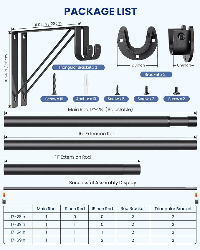 Supforce Adjustable Closet Rod with Triangular Brackets, 17-54in, Black | 1.3in Metal Closet Rod Supports Up To 150 lb, Heavy Duty Rod Reduces Sagging and Mount Securely for Wardrobes Closet Laundry
