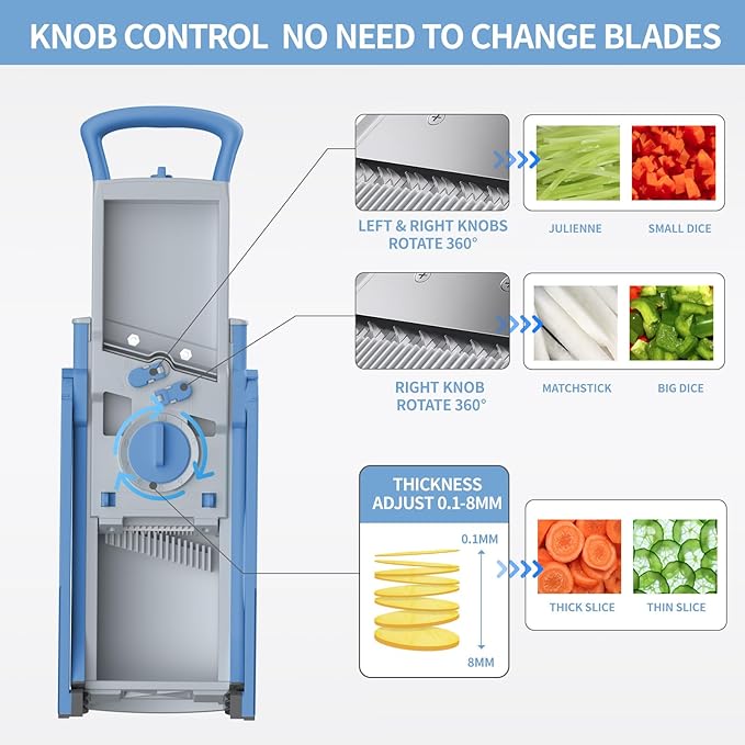 QYKIC Upgrade Safe Mandoline Slicer for Kitchen, Vegetable Chopper and Slicer, Potato Slicer Thickness Adjuster, French Fry Cutter, Veggie Onion Dicer Faster Kitchen Mandolin for Meal Prep