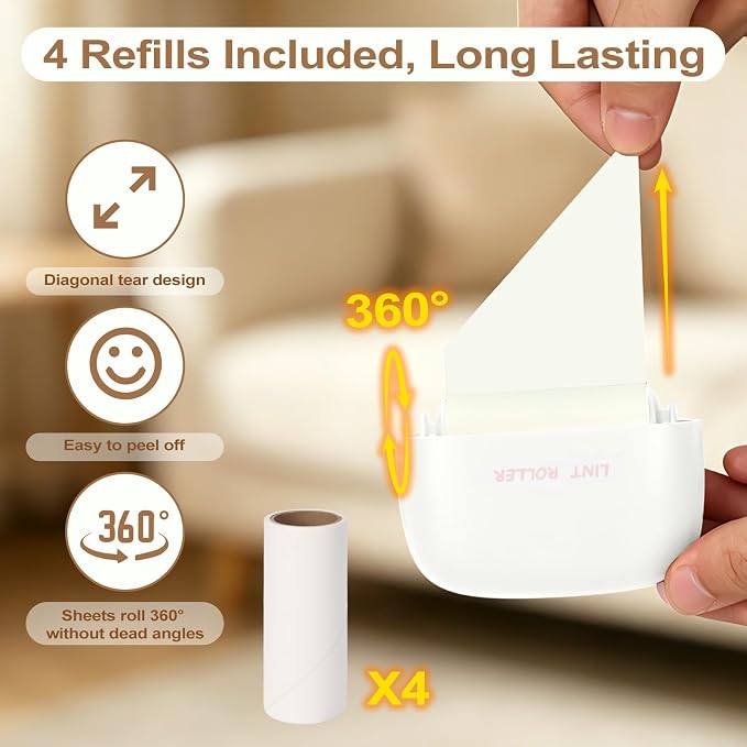 Disposable Mini Lint Roller with 4 Refills, PinkWhite | Portable, Easy Tear Residue-Free, Pocket-Sized for Travel Clothes, Furniture, Carpets, Pet Hair Remover, Fits in Wallet Bag