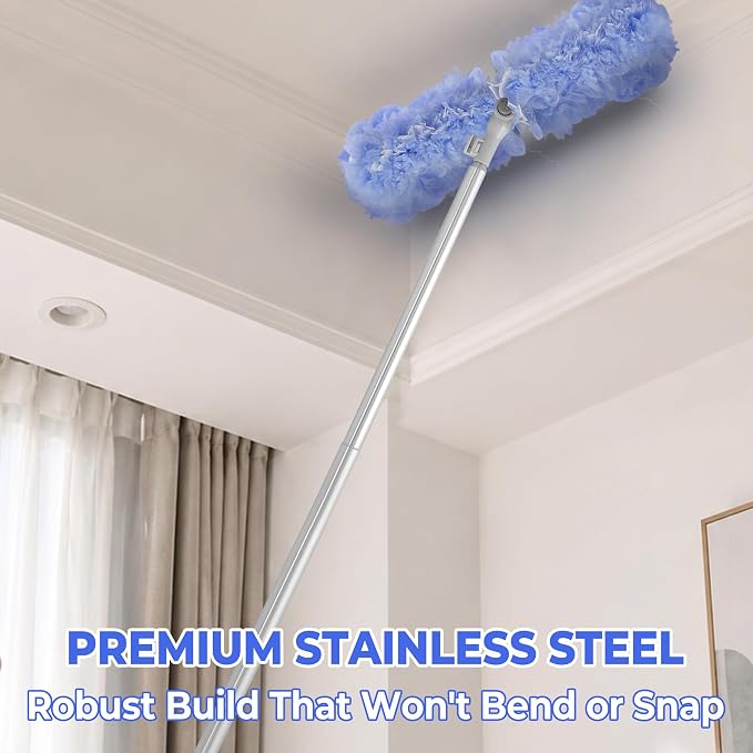 Duster Extended Handle & Long Duster, Compatible with Swiffer, 65.7" Stainless Steel Extension Pole, Locking Angle Fan Duster for Ceiling Fans, Blinds, Tall Cabinets & Home Cleaning Supplies (2 Pack)