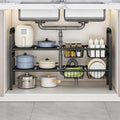 Under Sink Organizers – Expandable 2 Tier Under Cabinet Storage Rack with Adjustable Shelves, 4 Baskets & Panels, Heavy Duty Metal, Fits Around Pipes for Kitchen & Bathroom (Black)