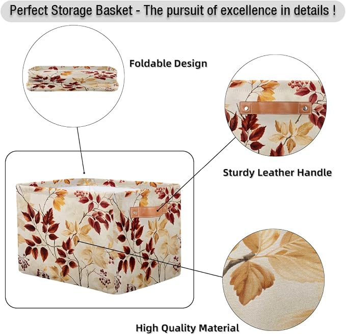 Rectangular Storage Baskets Autumn Leaves And Berries Fabric Storage Bin Toy Organizer Box with PU Leather Handles for Room Decor