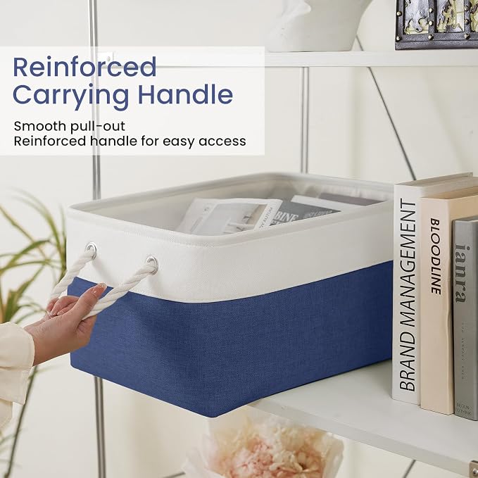 Large Storage Baskets- 15.7x11.8x8.26 inch Storage Bins for Shelves and Closet Organizing, Foldable Fabric Bin for Home Organization Clothes and Laundry (6-Pack, White&Blue)