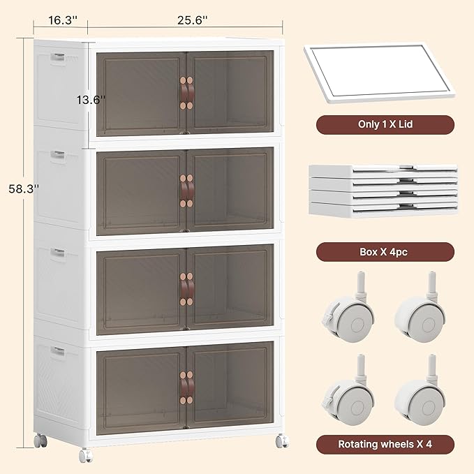 800QT Extra Large Stackable Storage Bins with Lids & Wheels & Door, 200Gal Foldable Collapsible Closet Organizers, Plastic containers drawers for bedroom Dorm