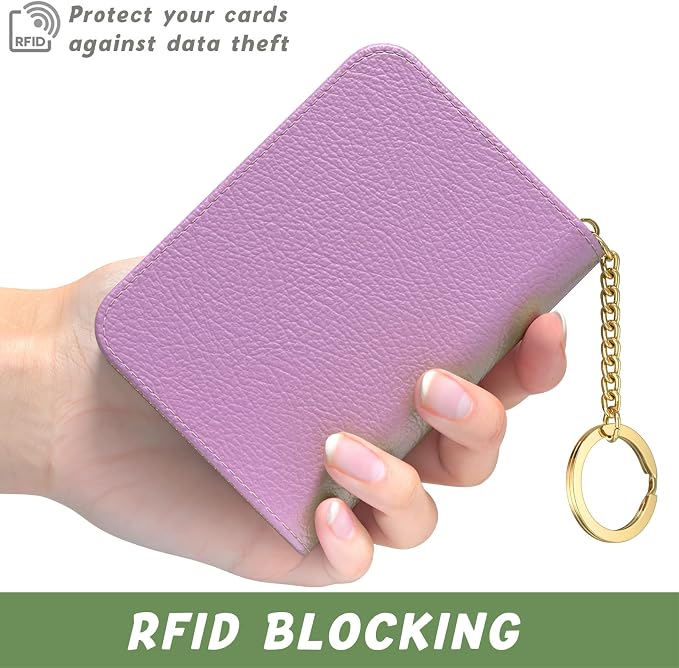 Aiawoxc Credit Card Holder for Women, Small RFID Wallet Slim Leather Business Card Organizer Case with Zipper and Keychain, Purple