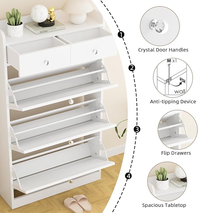 VOWNER Shoe Cabinet with 3 Flip Drawers & 2 Drawers, Freestanding Shoe Storage Cabinet with Adjustable Shelves, Shoe Organizer for Entryway, Hallway, Living Room, White