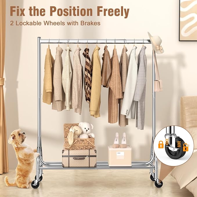 EAGMAK Heavy Duty Clothes Rack Load 420 LBS, 47.2" Long Rolling Garment Rack with Lockable Wheels, Standing Metal Clothing Hanger, Portable Wardrobe Sturdy Coat Organizer for Hanging Clothes (Silver)