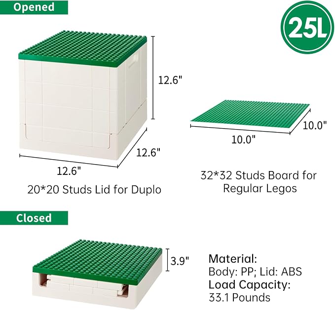 SHIMOYAMA Collapsible Storage Box with Large Building Base for Duplo Blocks, 26 Qt. Foldable Storage Bin (Dark Green)