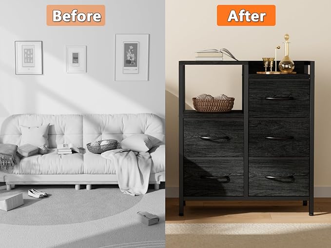 Furnulem Black Dresser for Bedroom, 5 Drawer Small Fabric Closet Dresser | Small Chest of Drawers, Storage Cabinet Organizer with 2 Tier Shelf, Drawer Units with Metal Frame, Dresser for Dorm, Hallway