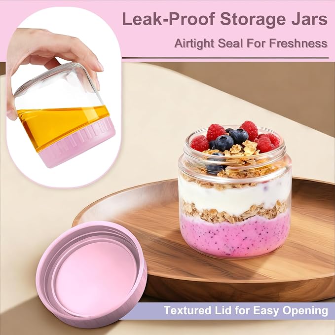 Overnight Oats Containers with Lids, 10oz Wide Mouth Mason Jars with Lids, 6 Pack Glass Jars with Airtight lid for Chia Pudding Yogurt Salad, Meal Prer Oatmeal Jars, Pink