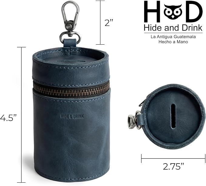 Hide & Drink, Money Box, Piggy Bank Bucket, Zippered Pouch, Cash Organizer, Coin Case, Full Grain Leather, Handmade (Slate Blue)